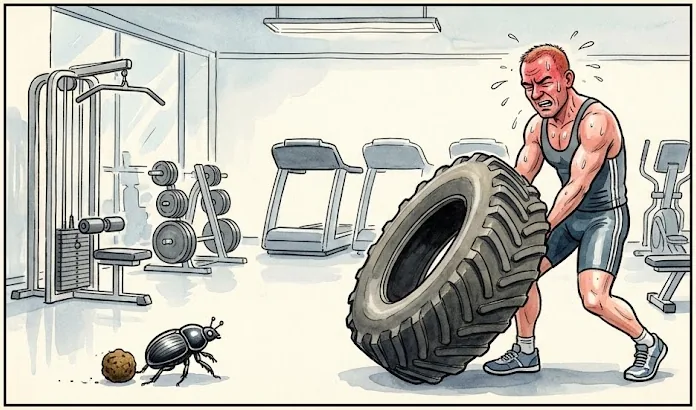 I et fitnesscenter vælter en svedende, rødmosset mand et kæmpe traktordæk. Foran ham triller en møgbille roligt sin kugle hen over gulvet.